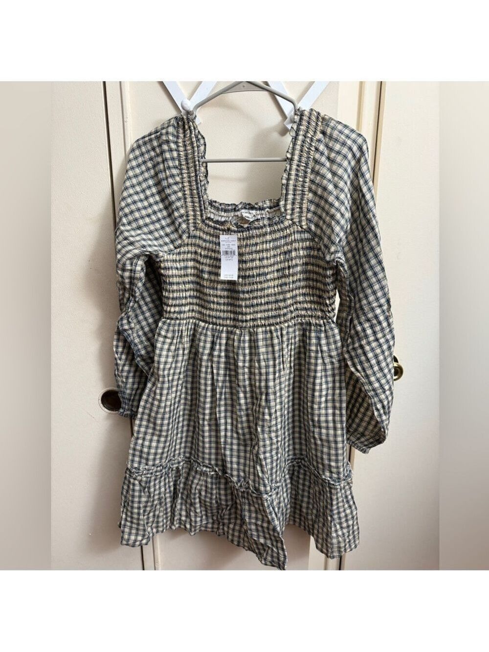 AE Plaid Ruched Long-Sleeve Checked Ruffle Smocked Mini Dress Size M Tall NWT